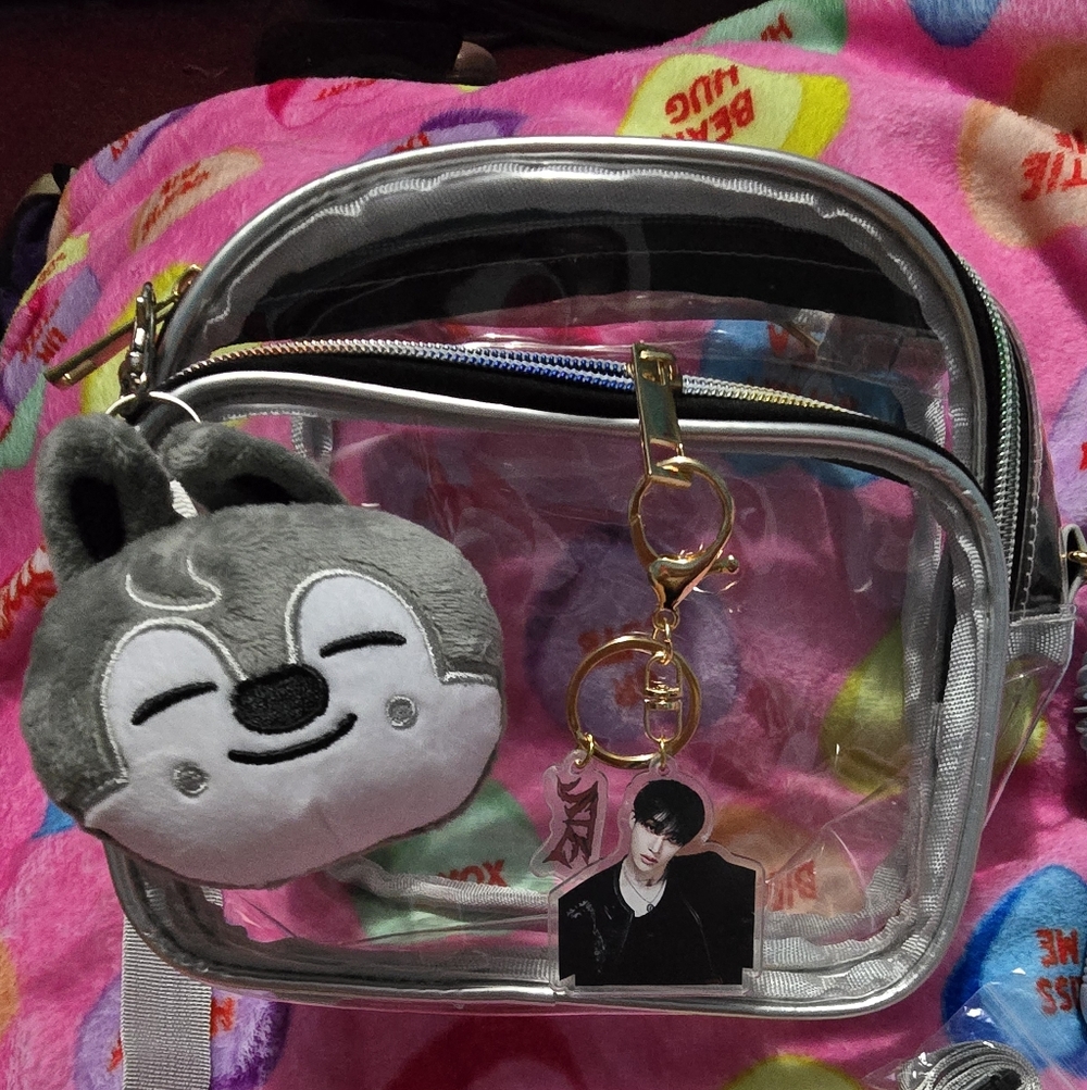 Clear Silver Trim Crossbody Bag with Wolf Keychain